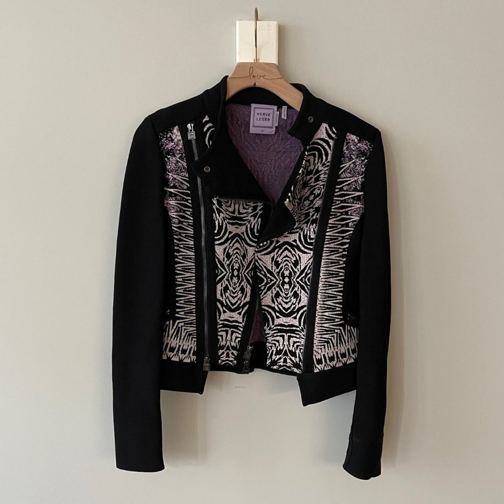Herve Leger Black/White/Plum Printed Biker Jacket - Size XS